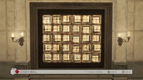 Ac2 codex wall  When you go into the room with the codex pages on the wall you want to face toward's mario's desk (as if an interview with someone)